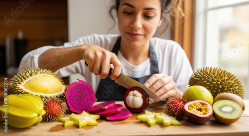 Woman cutting dragon fruit in a home kitchen