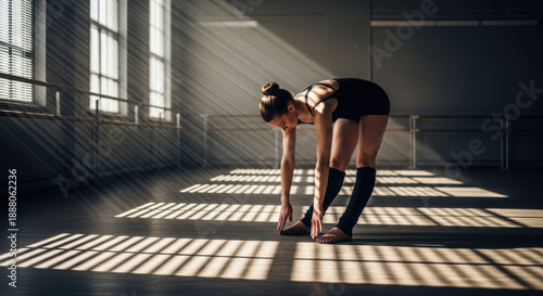 Woman doing a forward fold in a bright dance studio