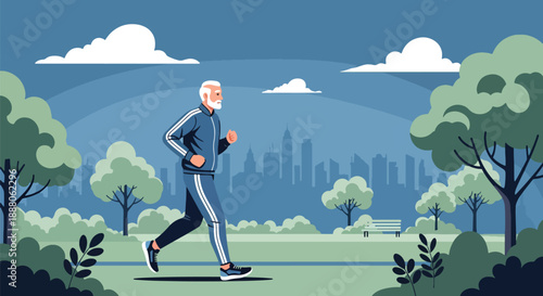 Independent elderly man jogging in a city park, illustrated in modern flat vector style, representing healthy aging, active lifestyle, outdoor fitness, and confident senior mobility