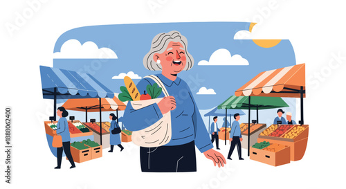 Elderly woman shopping confidently at a local market in modern flat vector style, showing independent daily routine, active aging, urban lifestyle, and consumer mobility