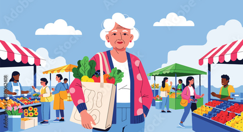 Elderly woman shopping confidently at a local market in modern flat vector style, showing independent daily routine, active aging, urban lifestyle, and consumer mobility