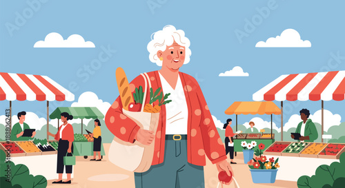 Elderly woman shopping confidently at a local market in modern flat vector style, showing independent daily routine, active aging, urban lifestyle, and consumer mobility