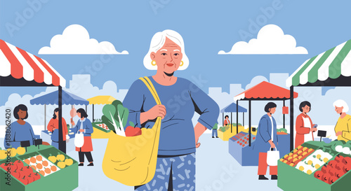 Elderly woman shopping confidently at a local market in modern flat vector style, showing independent daily routine, active aging, urban lifestyle, and consumer mobility