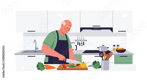 Elderly man preparing a healthy meal in a modern kitchen, flat vector illustration representing independent living, nutrition awareness, and active aging lifestyle