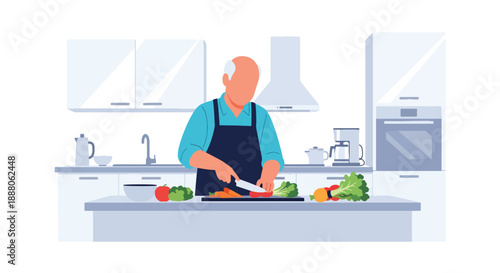 Elderly man preparing a healthy meal in a modern kitchen, flat vector illustration representing independent living, nutrition awareness, and active aging lifestyle