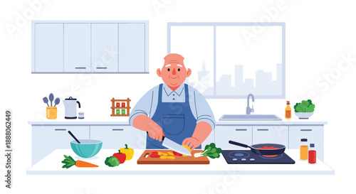 Elderly man preparing a healthy meal in a modern kitchen, flat vector illustration representing independent living, nutrition awareness, and active aging lifestyle