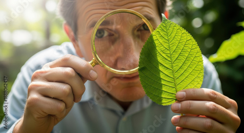 Person examining a green leaf with a magnifying glass in an outdoor setting