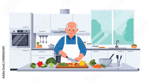 Elderly man preparing a healthy meal in a modern kitchen, flat vector illustration representing independent living, nutrition awareness, and active aging lifestyle