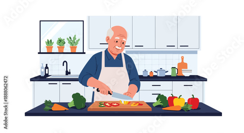 Elderly man preparing a healthy meal in a modern kitchen, flat vector illustration representing independent living, nutrition awareness, and active aging lifestyle