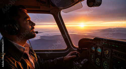 Pilot observing sunset from aircraft cockpit