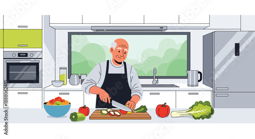 Elderly man preparing a healthy meal in a modern kitchen, flat vector illustration representing independent living, nutrition awareness, and active aging lifestyle