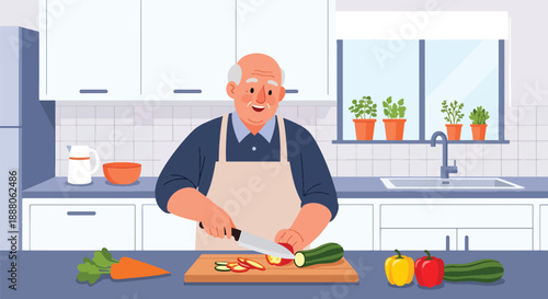 Elderly man preparing a healthy meal in a modern kitchen, flat vector illustration representing independent living, nutrition awareness, and active aging lifestyle