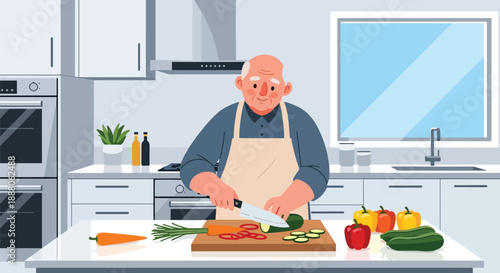 Elderly man preparing a healthy meal in a modern kitchen, flat vector illustration representing independent living, nutrition awareness, and active aging lifestyle