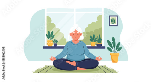 Elderly woman practicing yoga at home in flat vector style, showing balance, wellness, independent living, and calm active aging lifestyle
