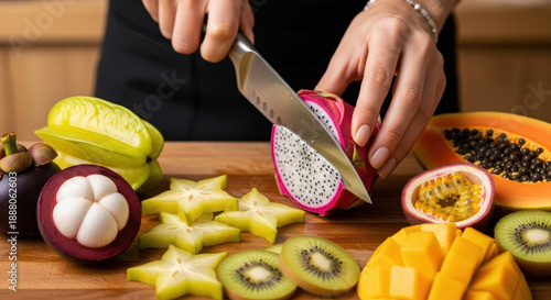 Person slicing dragon fruit on wooden cutting board