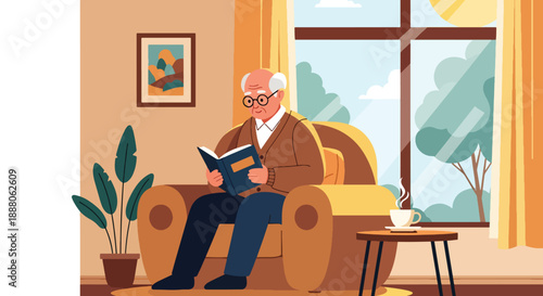 Independent elderly man reading a book comfortably at home, modern flat vector style representing peaceful lifestyle, mental wellness, and active aging