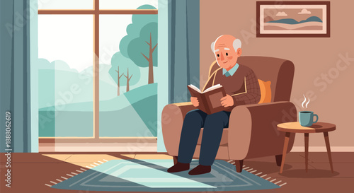 Independent elderly man reading a book comfortably at home, modern flat vector style representing peaceful lifestyle, mental wellness, and active aging