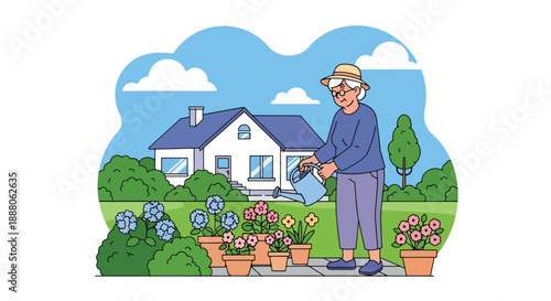 Elderly woman gardening in her backyard, flat vector illustration showing outdoor activity, independent lifestyle, active aging, and healthy senior hobby