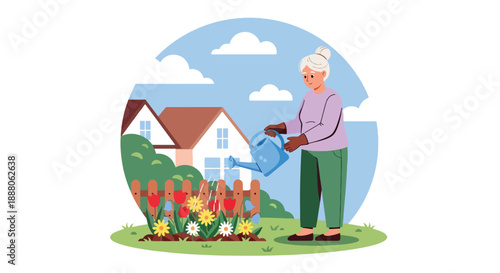 Elderly woman gardening in her backyard, flat vector illustration showing outdoor activity, independent lifestyle, active aging, and healthy senior hobby
