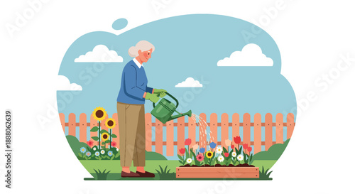 Elderly woman gardening in her backyard, flat vector illustration showing outdoor activity, independent lifestyle, active aging, and healthy senior hobby