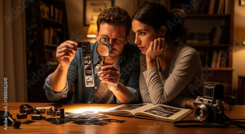 A Couple Examining Film Negatives in a Warmly Lit Study