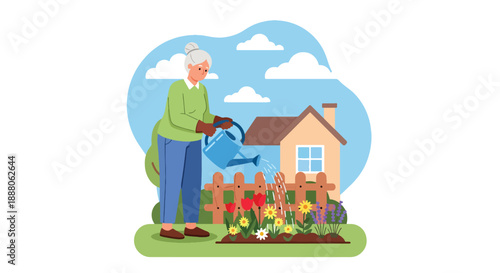 Elderly woman gardening in her backyard, flat vector illustration showing outdoor activity, independent lifestyle, active aging, and healthy senior hobby