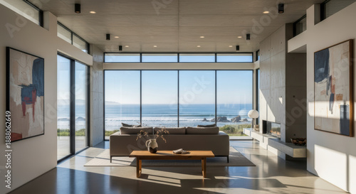 Modern living room with ocean view and abstract art