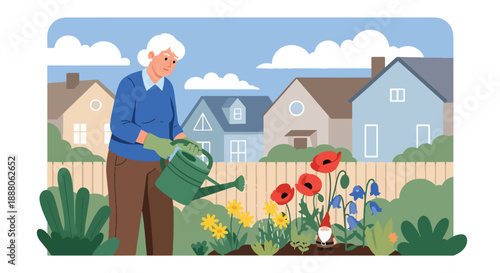 Elderly woman gardening in her backyard, flat vector illustration showing outdoor activity, independent lifestyle, active aging, and healthy senior hobby