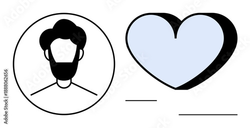 User profiles, emotional connection, digital identity, love , communication, online platforms. Circular male avatar and heart shape. User profiles and emotional connection concept