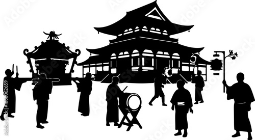 Ancient Traditions Revered A Silhouetted Tableau of Eastern Festival Rituals and Community Celebration