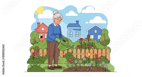Elderly woman gardening in her backyard, flat vector illustration showing outdoor activity, independent lifestyle, active aging, and healthy senior hobby