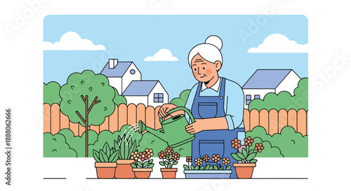 Elderly woman gardening in her backyard, flat vector illustration showing outdoor activity, independent lifestyle, active aging, and healthy senior hobby