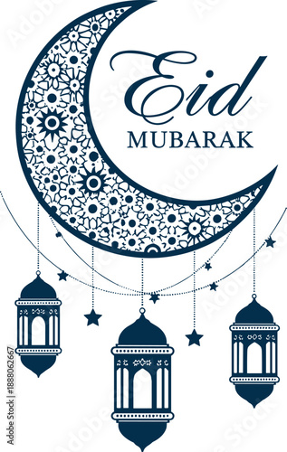 eid mubarak, islamic greeting, crescent moon, ramadan lanterns, muslim festival, arabic calligraphy, religious celebration, elegant vector illustration