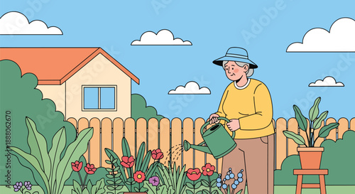 Elderly woman gardening in her backyard, flat vector illustration showing outdoor activity, independent lifestyle, active aging, and healthy senior hobby