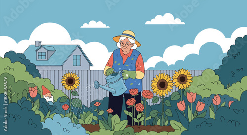 Elderly woman gardening in her backyard, flat vector illustration showing outdoor activity, independent lifestyle, active aging, and healthy senior hobby