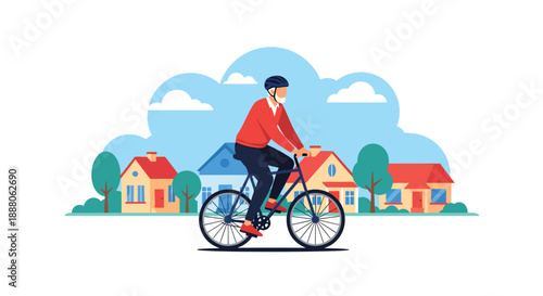 Independent elderly man cycling in a quiet neighborhood, flat vector style showing mobility, fitness, freedom, and active senior lifestyle