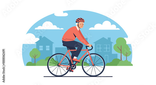 Independent elderly man cycling in a quiet neighborhood, flat vector style showing mobility, fitness, freedom, and active senior lifestyle