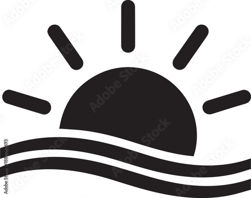 Minimalist sunset icon featuring a rising sun over ocean waves, solid black silhouette symbol for summer vacation, tropical travel planning, beach weather forecasting, and evening leisure UI.
