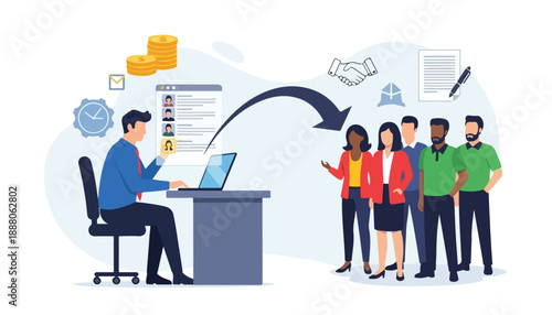 HR manager reviewing resumes on a laptop, facilitating the hiring process for a diverse group of new employees.