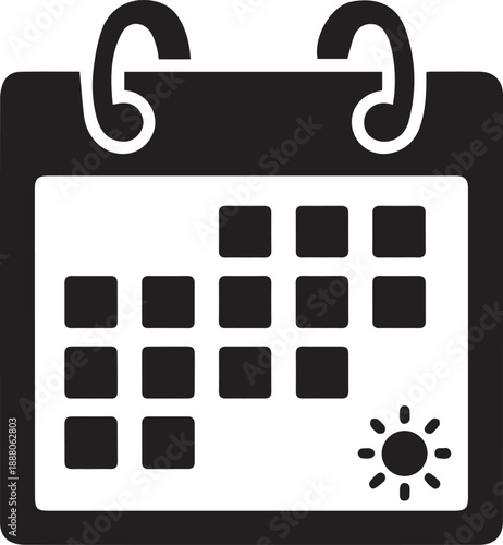 Minimalist travel calendar icon featuring a sun symbol for summer holiday planning, vacation scheduling, and seasonal weather agenda, flat black silhouette for web UI, mobile app, and business.
