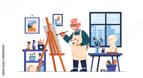 Elderly man painting on canvas in a small studio, flat vector illustration representing creativity, independent living, and artistic aging lifestyle