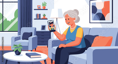 Elderly woman using smartphone for video call at home, modern flat vector style showing digital inclusion, independent living, and connected senior lifestyle