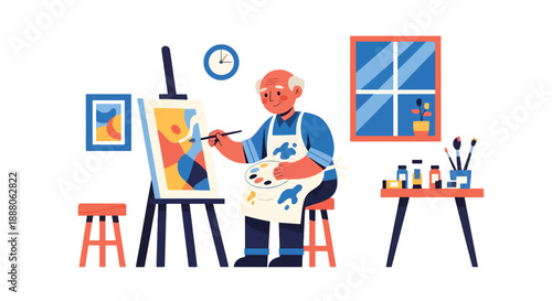Elderly man painting on canvas in a small studio, flat vector illustration representing creativity, independent living, and artistic aging lifestyle
