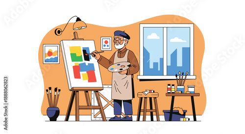 Elderly man painting on canvas in a small studio, flat vector illustration representing creativity, independent living, and artistic aging lifestyle