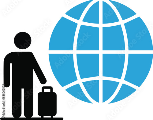 International travel icon with person silhouette and suitcase standing by a blue globe. Flat vector design for global tourism, world exploration, business trip, vacation planning, and immigration.