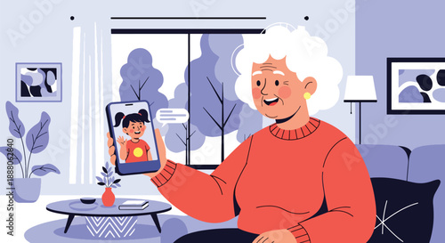 Elderly woman using smartphone for video call at home, modern flat vector style showing digital inclusion, independent living, and connected senior lifestyle