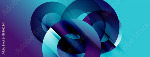 Abstract composition featuring overlapping circular shapes. Colors blend from deep purple to vibrant turquoise. Smooth gradients create dynamic visual effect.