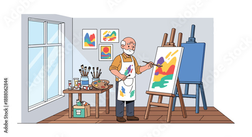 Elderly man painting on canvas in a small studio, flat vector illustration representing creativity, independent living, and artistic aging lifestyle