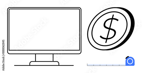 Financial planning, digital economy, business growth, online transactions, budgeting, measurement tools. Computer monitor, dollar sign and a measuring tape graphic. Financial planning and digital