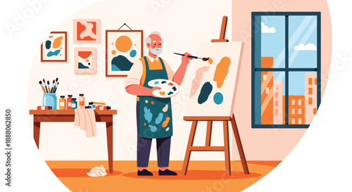 Elderly man painting on canvas in a small studio, flat vector illustration representing creativity, independent living, and artistic aging lifestyle
